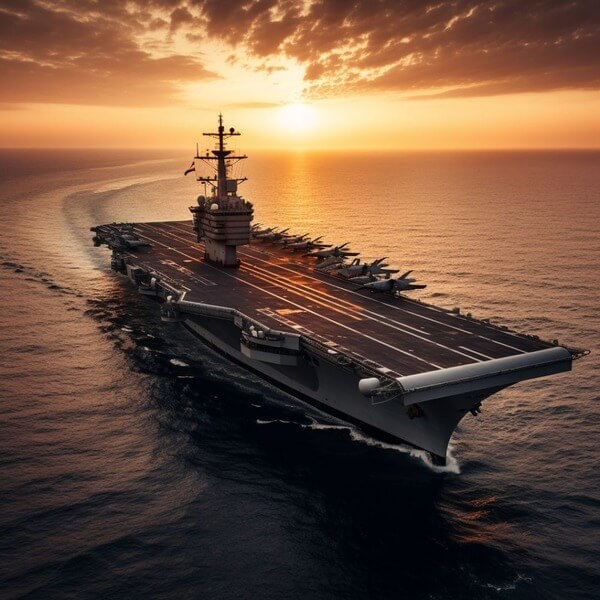 Aircraft carrier sailing at sea under a dramatic sunset sky.